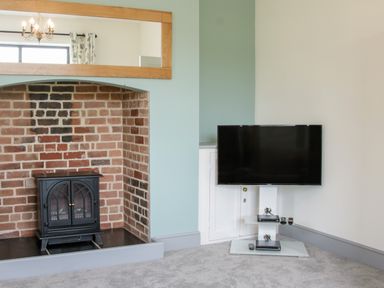 A room with a brick fireplace and a black stove next to a wall-mounted television on a stand at The Farm in Presteigne