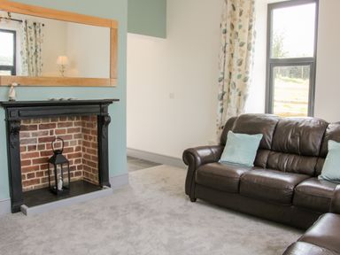 A living room with a black fireplace, large wooden framed mirror, brown leather sofa with blue pillows and a window with patterned curtains at The Farm in Presteigne