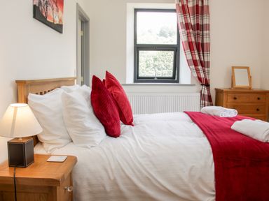 A bedroom with a double bed white sheets red pillows and blanket bedside table with lamp wooden dresser and window with red plaid curtains at The Farm in Presteigne