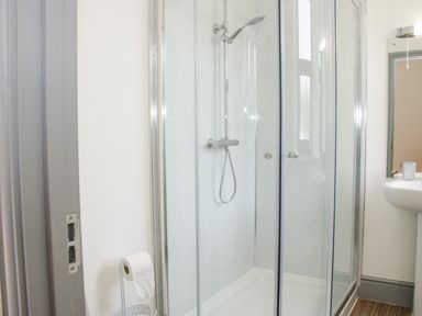 A bathroom with a glass shower enclosure a handheld showerhead a toilet paper holder and a sink with a mirror at The Farm in Presteigne