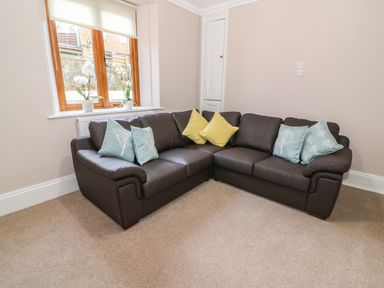 A corner brown leather sofa with blue and yellow cushions near a window with two potted plants at Oakwood House in Rhayader