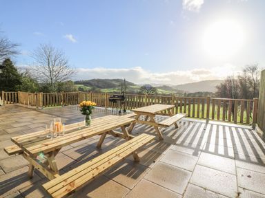 An outdoor patio with two wooden picnic tables a glass pitcher and glasses on one and a flower vase on the other overlooking hills and greenery at Oakwood House in Rhayader