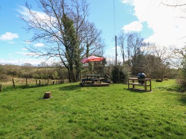A grassy outdoor area with a picnic table with a red umbrella and a barbecue grill on a wooden stand at Y Bwthyn Ty Du in Pwllheli