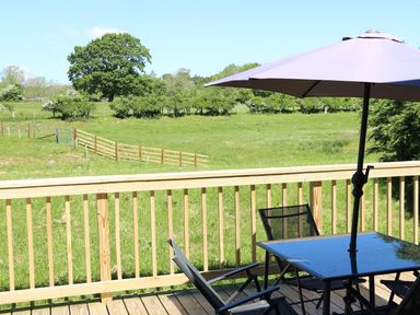 A wooden deck with a table, chairs and an umbrella overlooking a fenced grassy field with trees at Woodpecker Lodge in Gargrave