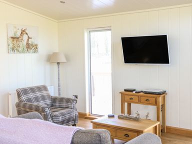 A sitting area with a plaid armchair a floor lamp a wooden TV stand with electronics a wall-mounted flat screen TV and a coffee table at Woodpecker Lodge in Gargrave