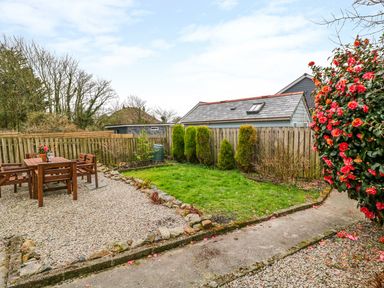 A fenced garden with a wooden table and chairs on a gravel area a lawn a stone-bordered flower bed and a large shrub with red flowers at Blue Anchor in Fraddon