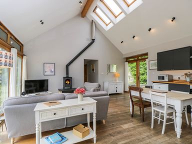 A living room with sofas a wood stove dining table and kitchen cabinets at The Barn at Daubeneys Colerne