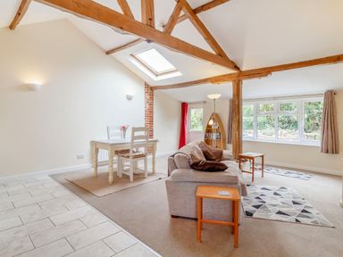 A living room with a sofa table and chairs exposed wooden beams and a skylight at The Hen House in Diss near Gissing