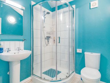 A bathroom with a shower enclosure sink and toilet at The Hen House in Diss near Gissing