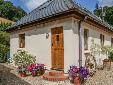 The exterior of a small house with a wooden door potted flowers on each side and a garden wheel against the wall at Cross Syke Barn in Loxhore near Barnstaple