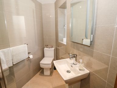 A bathroom with a toilet sink mirror towels and soap dispenser at Harmon Vale in Solva