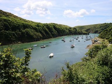 A river with boats anchored along the banks surrounded by green hills at Harmon Vale in Solva
