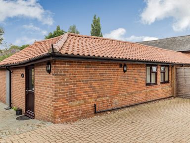 A brick building with a tiled roof two windows and a door with a small plant near it at The Nest Box in Diss