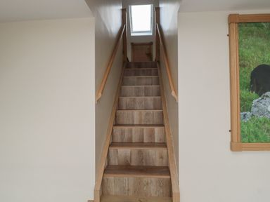 A wooden staircase with handrails on both sides and a skylight window at St Dolmen in Embleton
