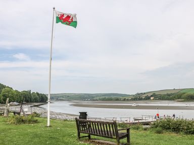 A bench and a flagpole with a flag next to a river with hills in the background at 54 The Moorings in St Dogmaels