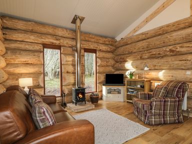 A living room with a leather sofa, plaid armchair, wood burning stove, TV on a stand, wooden shelves, and large windows at Moorhen Lodge in North Kessock