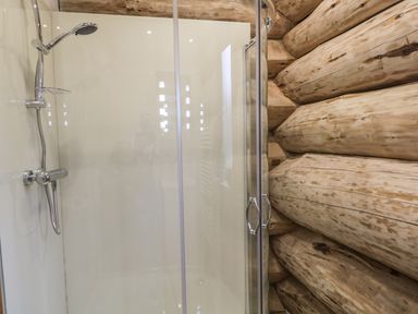 A shower cabin with glass doors and a chrome showerhead next to a log wall at Moorhen Lodge in North Kessock