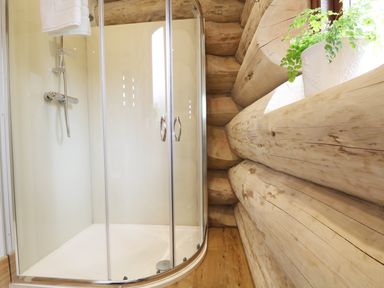 A bathroom shower with glass doors next to a log wall with a plant on the windowsill at Moorhen Lodge in North Kessock