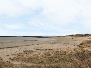 A sandy beach with dry grass and two people walking near sand dunes at St Cruz in Embleton