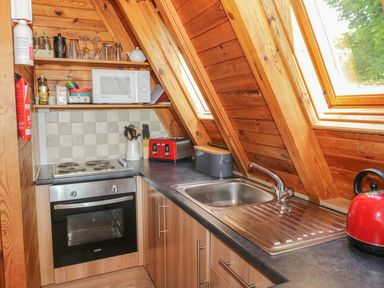 A small kitchen with a stove oven microwave toaster kettle and sink under wooden sloped ceiling with skylight at Apple Tree Lodge in Gillingham