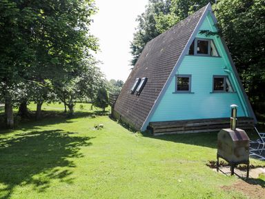 An A-frame house with blue siding and a shingled roof on a grassy lawn with trees and a metal outdoor stove at Apple Tree Lodge in Gillingham