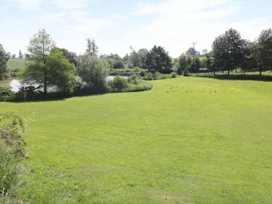 A large grassy field with a pond and trees in the background at Apple Tree Lodge in Gillingham