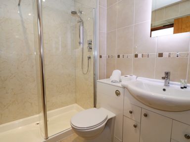 A bathroom with a shower cubicle toilet sink and mirror at Cornel Glyd in Talybont near Barmouth