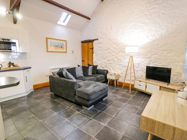 A living room with a grey sectional sofa a floor lamp a wooden media cabinet with a television and a kitchen area at Cornel Glyd in Talybont near Barmouth
