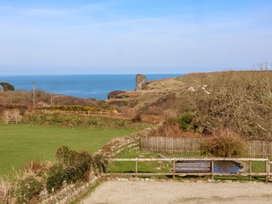 A coastal landscape with a grassy field a small pond fences and cliffs by the sea at Threshings Cottage in Tintagel