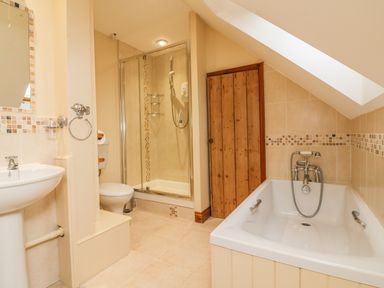 A bathroom with a bathtub under a skylight a glass shower enclosure a toilet a pedestal sink and a wooden storage cabinet at Fig Tree Cottage in Bickleigh