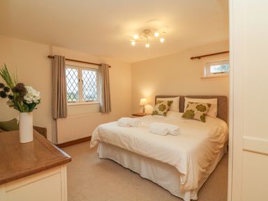 A bedroom with a double bed bedside table lamp and a dresser with flowers at Fig Tree Cottage in Bickleigh