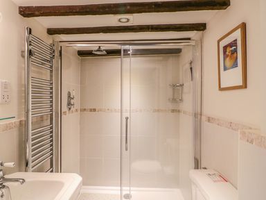 A bathroom with a shower enclosure with glass doors a white sink a chrome towel radiator and a framed duck picture on the wall at Tick Tock Cottage in Marnhull