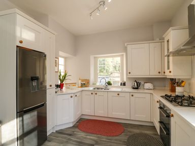 A white kitchen with stainless steel refrigerator and oven a sink under a window and small rugs on the floor at Tick Tock Cottage in Marnhull