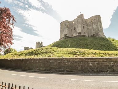 A stone castle on a grassy mound beside a road with a tree on the left at The Olde Stables in Warkworth