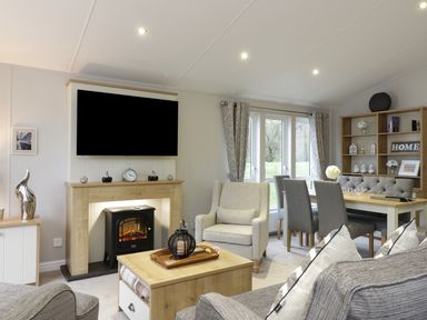 A living room with a fireplace armchair dining table and chairs at Woodstock Lodge in Wemyss Bay