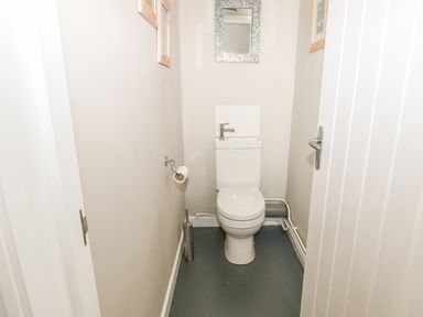A small bathroom with a toilet a toilet brush a mirror and two pictures at 27 Whitegates in Ludham