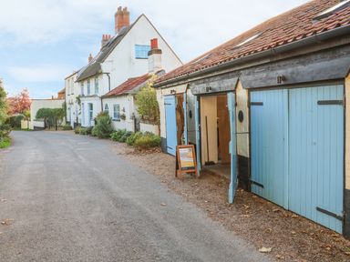 Street with houses and garages with blue doors at 27 Whitegates in Ludham