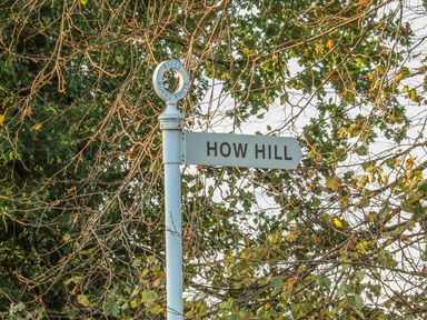 A street signpost reading How Hill surrounded by trees and branches at 27 Whitegates in Ludham