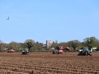 A plowed field with four tractors and a church tower in the background at 27 Whitegates in Ludham