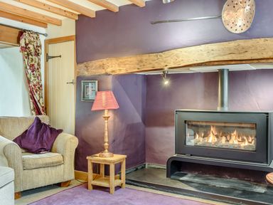 A sitting area with an armchair a lamp on a wooden side table a modern fireplace and a purple rug at Pen Y Bryn Cottage in Llandudno