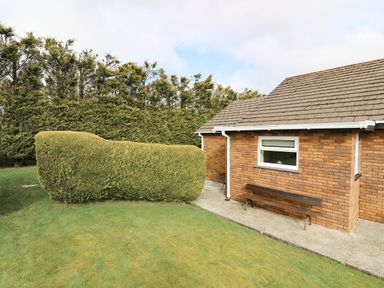 A brick building with a bench outside and shaped hedges in a garden at Blaenywawr Annexe in Lampeter
