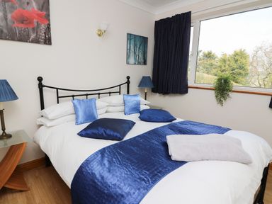 A bedroom with a double bed with blue pillows and throw at Blaenywawr Annexe in Lampeter