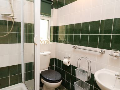 A bathroom with a shower, toilet with black seat, a sink, and storage baskets at Blaenywawr Annexe in Lampeter