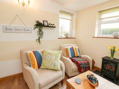 A sitting area with two armchairs a small table and a fireplace at Blaenywawr Annexe in Lampeter