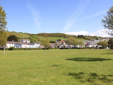 A large green field with trees and houses in the background at Blaenywawr Annexe in Lampeter