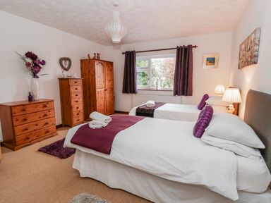 A bedroom with two beds and wooden furniture at Blaenywawr near Lampeter