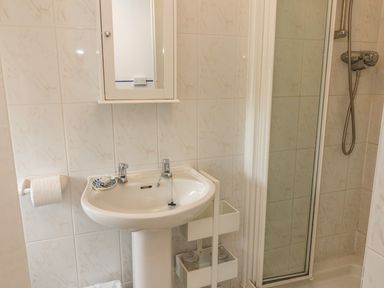 A bathroom with a sink a mirror a shower enclosure and a toilet paper holder at Wren Cottage in Ilfracombe