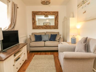 A living room with a sofa armchair TV on a cabinet a rug and a lamp at Wren Cottage in Ilfracombe