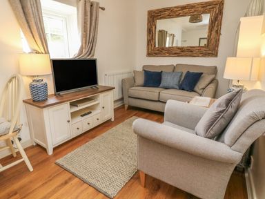 A living room with a gray sofa and armchair blue cushions a wooden tv stand with a television and two lamps a rug on the wooden floor and a large mirror on the wall at Wren Cottage in Ilfracombe