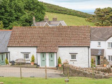 A white cottage with green doors and a tiled roof surrounded by grass and trees at Wren Cottage in Ilfracombe